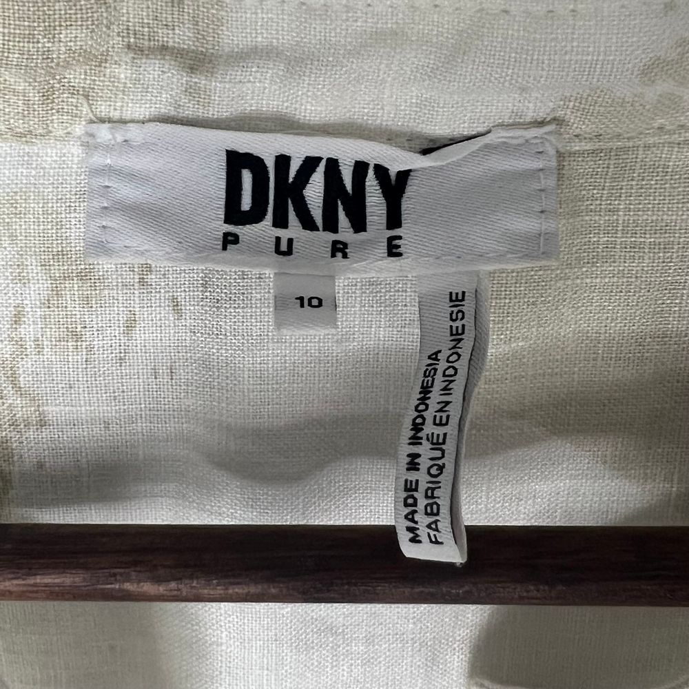DKNY Dress Linen Tie Waist Beige White‎ Asymmetrical Hem Hidden Button Front 10 - Picture 4 of 14